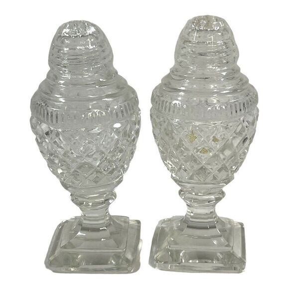 Vintage Crystal Salt & Pepper Shakers  Diamond Cut Pattern 4.5" Square Base - Picture 1 of 5